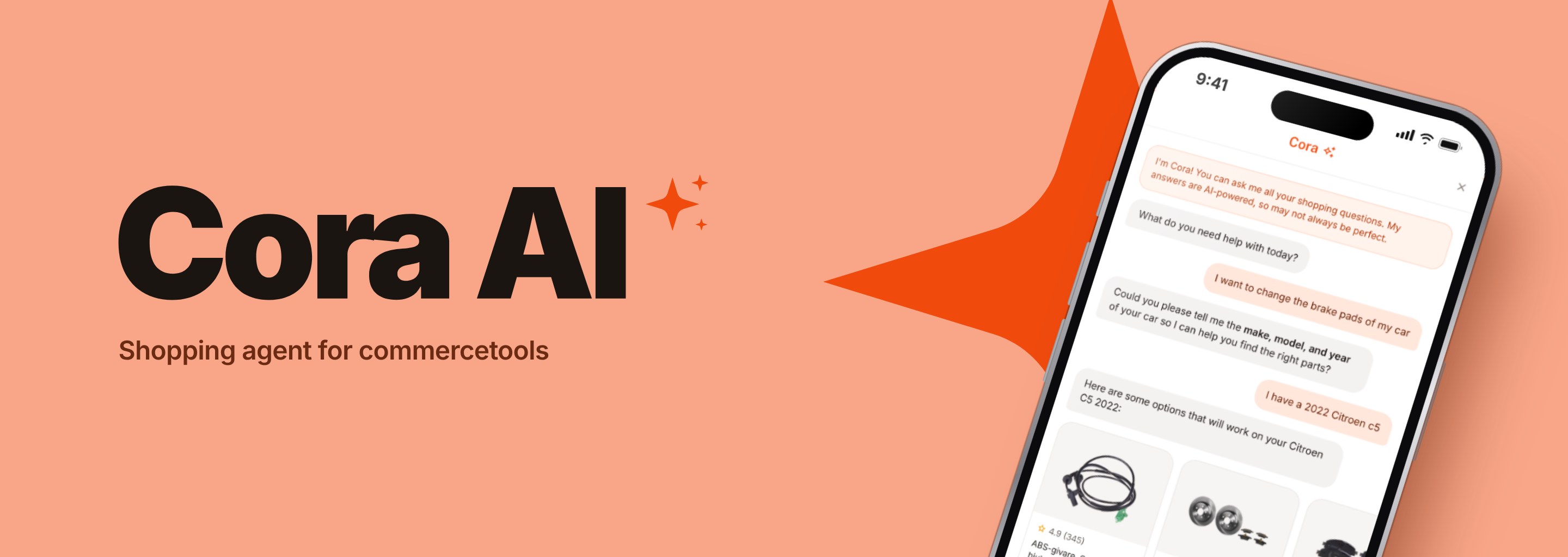 Cora AI wordmark beside a tilted iPhone showing the Cora mobile chat, with a large orange sparkle behind it